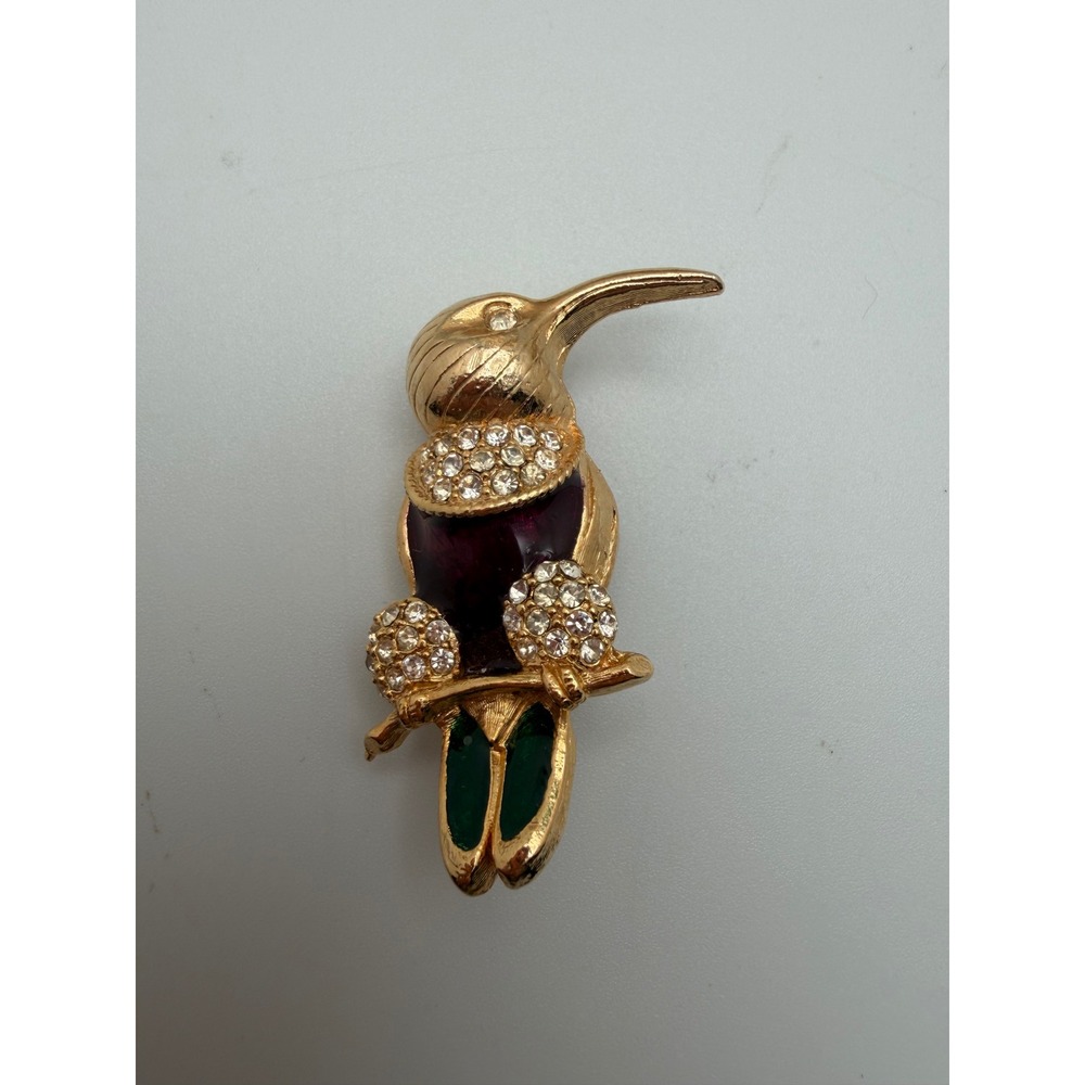 Sparkling Gold Tone Hummingbird Brooch Gemstone Enamel Accents Pin Jewelry